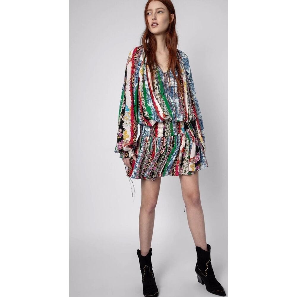 Zadig & Voltaire Rocade Mixed Print Silk Mini Dress Boho XS Rare Multicolor - Picture 2 of 12